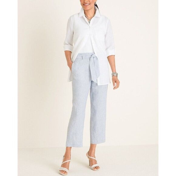 Chico's Pinstriped Linen Straight Leg Classic Pull-On Crops Sz 16/3R Blue Beachy - Picture 1 of 11